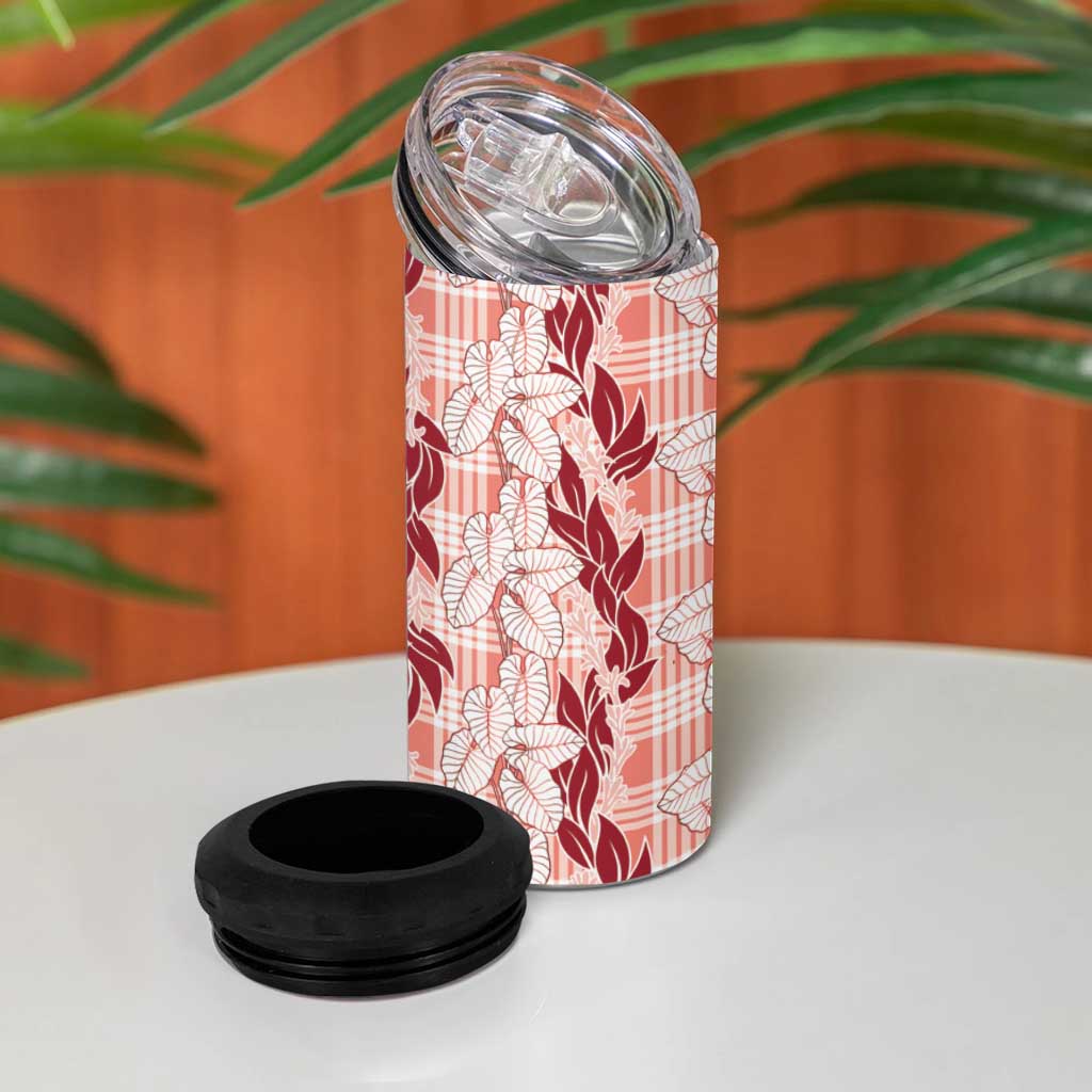 Hawaii Ti Leaf Maile Tuberose Lei 4 in 1 Can Cooler Tumbler With Hanalei Leaf Red LT05 - Polynesian Pride