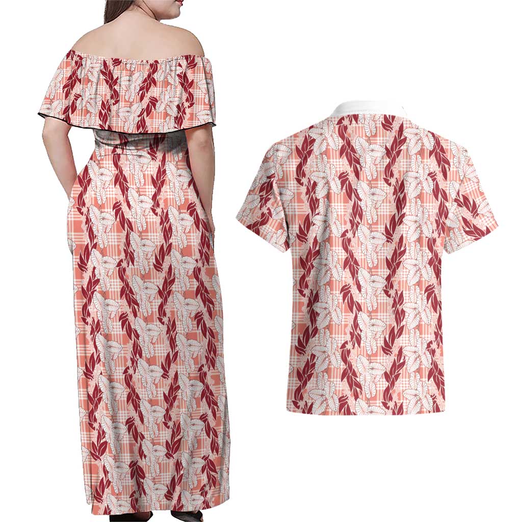 Hawaii Ti Leaf Maile Tuberose Lei Couples Matching Off Shoulder Maxi Dress and Hawaiian Shirt With Hanalei Leaf Red