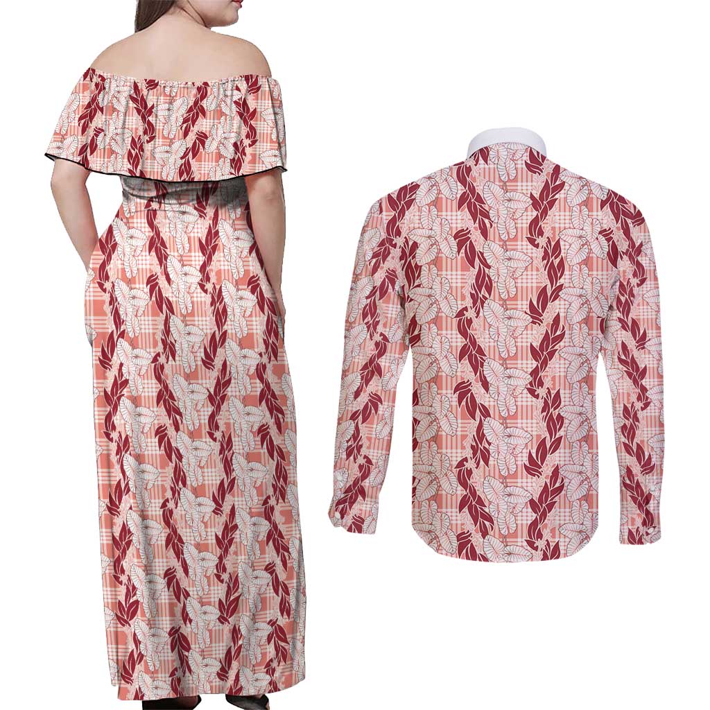 Hawaii Ti Leaf Maile Tuberose Lei Couples Matching Off Shoulder Maxi Dress and Long Sleeve Button Shirt With Hanalei Leaf Red LT05 - Polynesian Pride