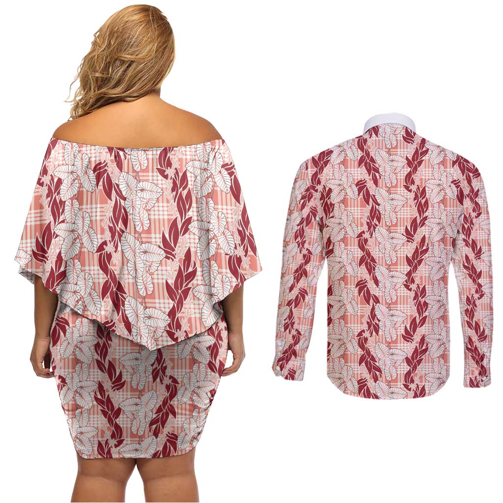 Hawaii Ti Leaf Maile Tuberose Lei Couples Matching Off Shoulder Short Dress and Long Sleeve Button Shirt With Hanalei Leaf Red LT05 - Polynesian Pride