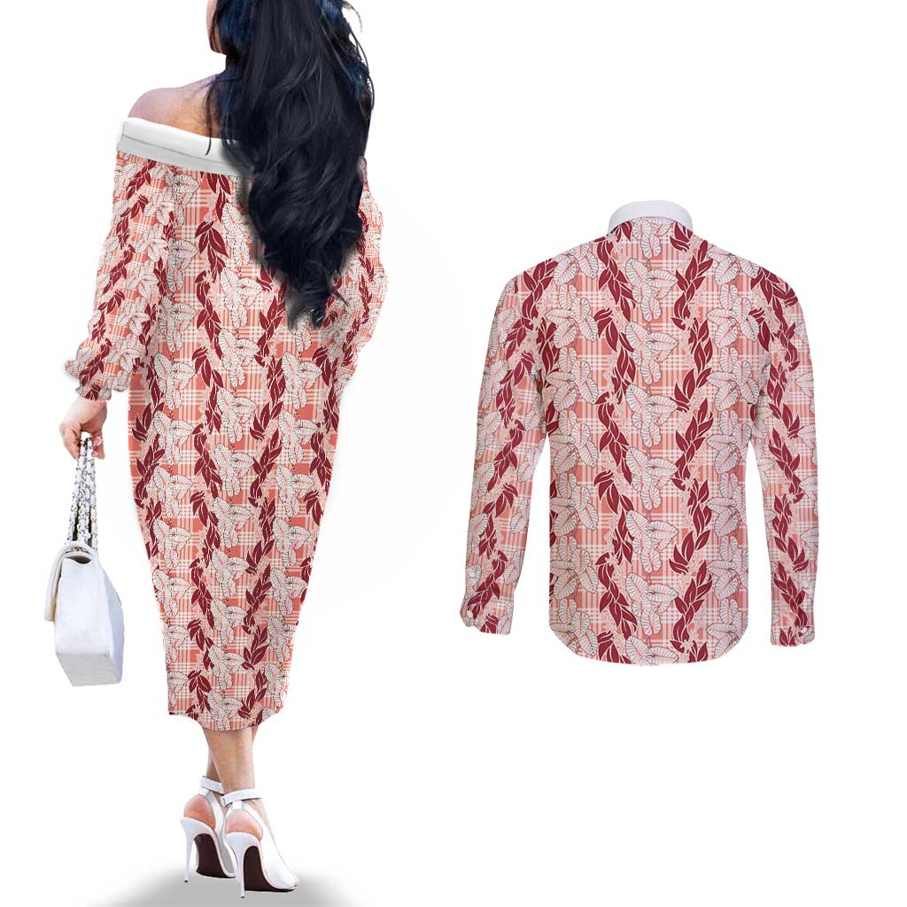 Hawaii Ti Leaf Maile Tuberose Lei Couples Matching Off The Shoulder Long Sleeve Dress and Long Sleeve Button Shirt With Hanalei Leaf Red LT05 - Polynesian Pride