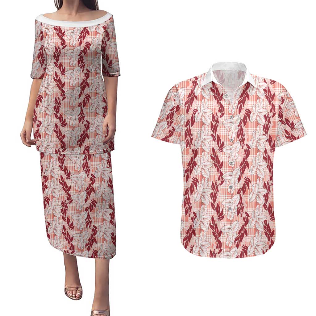 Hawaii Ti Leaf Maile Tuberose Lei Couples Matching Puletasi and Hawaiian Shirt With Hanalei Leaf Red LT05 Red - Polynesian Pride