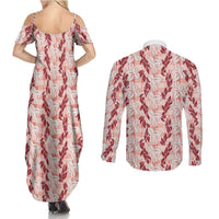 Hawaii Ti Leaf Maile Tuberose Lei Couples Matching Summer Maxi Dress and Long Sleeve Button Shirt With Hanalei Leaf Red LT05 - Polynesian Pride