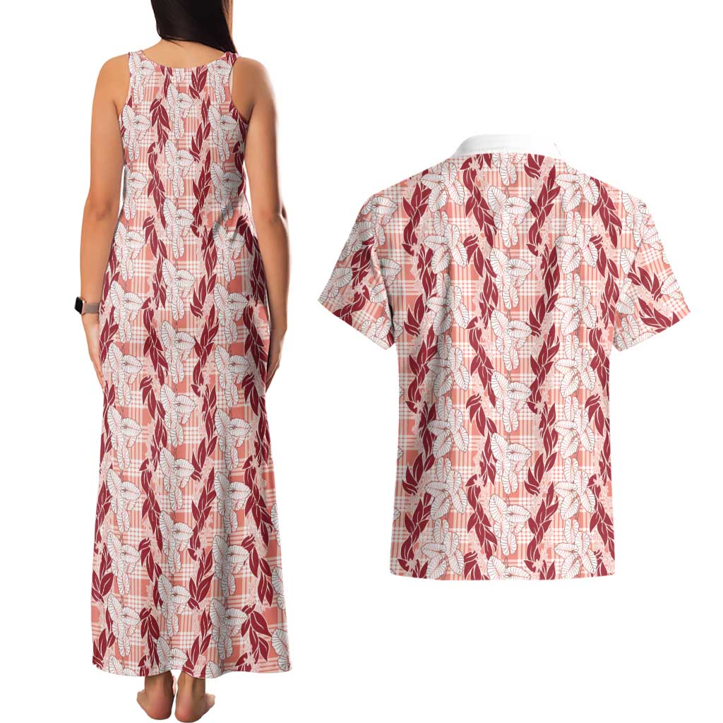 Hawaii Ti Leaf Maile Tuberose Lei Couples Matching Tank Maxi Dress and Hawaiian Shirt With Hanalei Leaf Red LT05 - Polynesian Pride