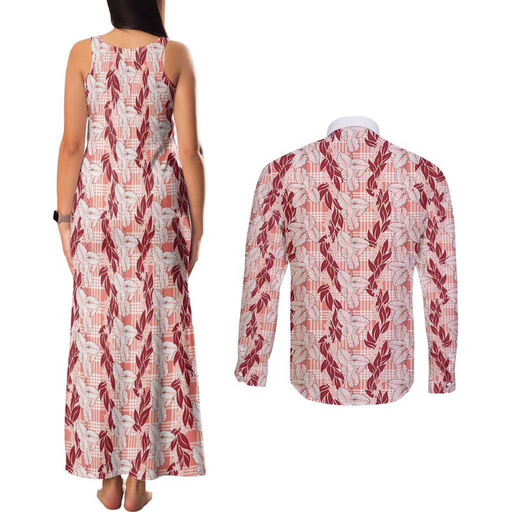 Hawaii Ti Leaf Maile Tuberose Lei Couples Matching Tank Maxi Dress and Long Sleeve Button Shirt With Hanalei Leaf Red LT05 - Polynesian Pride