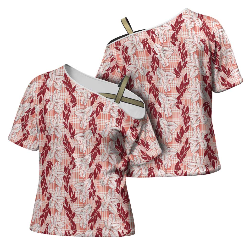 Hawaii Ti Leaf Maile Tuberose Lei Cross Shoulder Shirt With Hanalei Leaf Red LT05 - Polynesian Pride