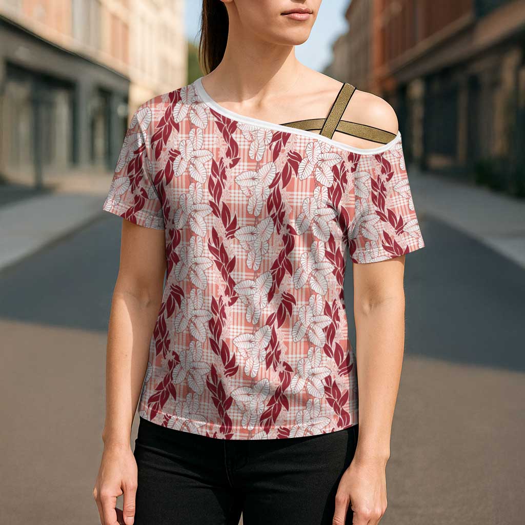 Hawaii Ti Leaf Maile Tuberose Lei Cross Shoulder Shirt With Hanalei Leaf Red LT05 - Polynesian Pride
