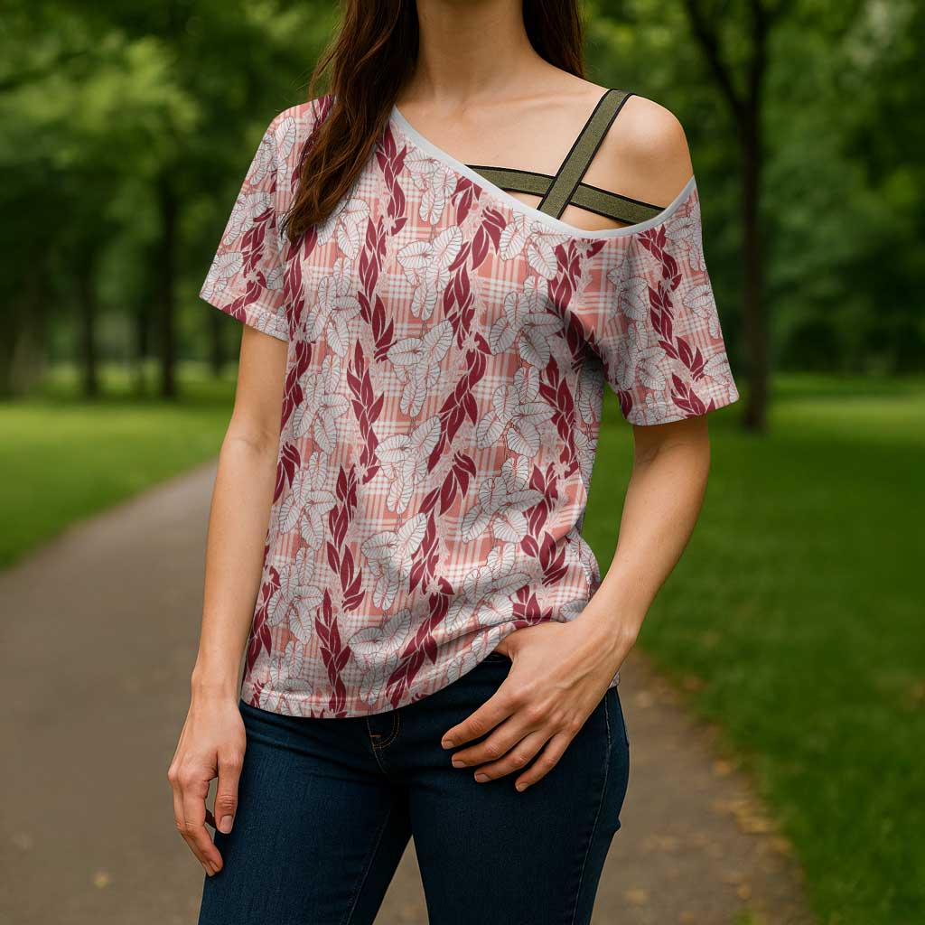 Hawaii Ti Leaf Maile Tuberose Lei Cross Shoulder Shirt With Hanalei Leaf Red LT05 - Polynesian Pride