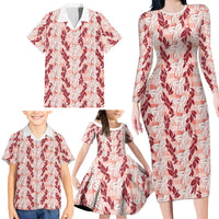 Hawaii Ti Leaf Maile Tuberose Lei Family Matching Long Sleeve Bodycon Dress and Hawaiian Shirt With Hanalei Leaf Red