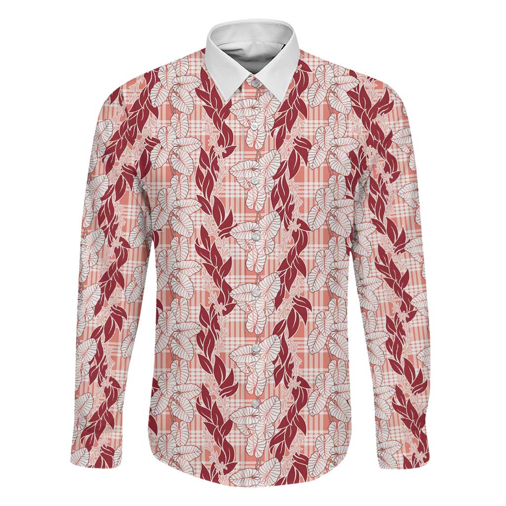 Hawaii Ti Leaf Maile Tuberose Lei Family Matching Long Sleeve Bodycon Dress and Hawaiian Shirt With Hanalei Leaf Red