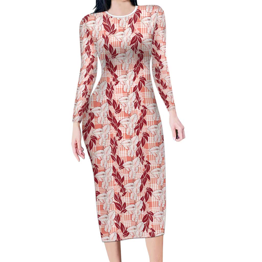 Hawaii Ti Leaf Maile Tuberose Lei Family Matching Long Sleeve Bodycon Dress and Hawaiian Shirt With Hanalei Leaf Red