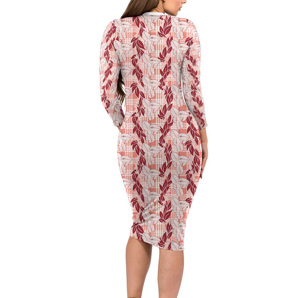 Hawaii Ti Leaf Maile Tuberose Lei Family Matching Long Sleeve Bodycon Dress and Hawaiian Shirt With Hanalei Leaf Red