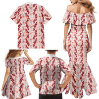 Hawaii Ti Leaf Maile Tuberose Lei Family Matching Mermaid Dress and Hawaiian Shirt With Hanalei Leaf Red