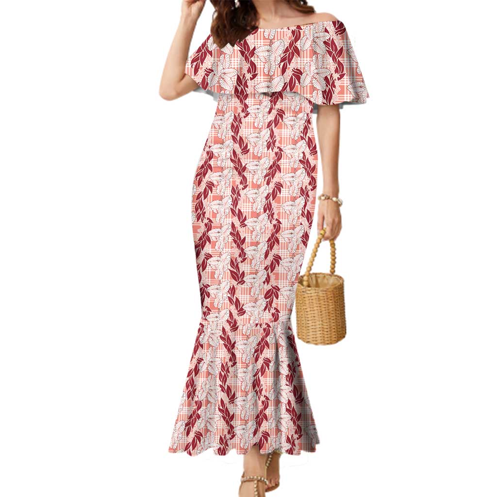 Hawaii Ti Leaf Maile Tuberose Lei Family Matching Mermaid Dress and Hawaiian Shirt With Hanalei Leaf Red