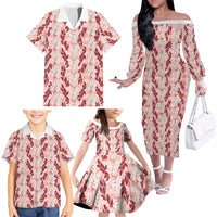 Hawaii Ti Leaf Maile Tuberose Lei Family Matching Off The Shoulder Long Sleeve Dress and Hawaiian Shirt With Hanalei Leaf Red
