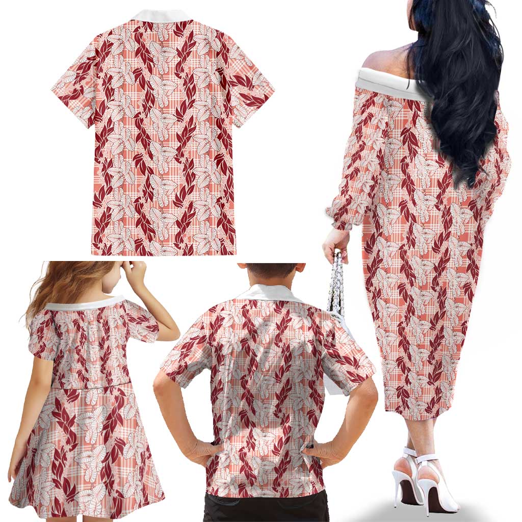 Hawaii Ti Leaf Maile Tuberose Lei Family Matching Off The Shoulder Long Sleeve Dress and Hawaiian Shirt With Hanalei Leaf Red