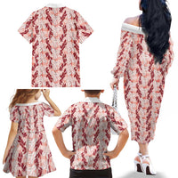 Hawaii Ti Leaf Maile Tuberose Lei Family Matching Off The Shoulder Long Sleeve Dress and Hawaiian Shirt With Hanalei Leaf Red