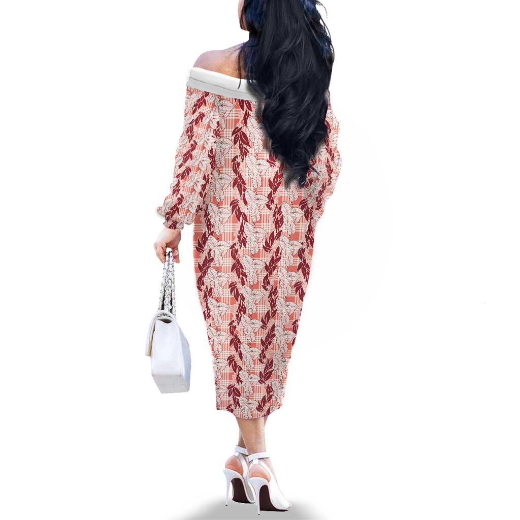 Hawaii Ti Leaf Maile Tuberose Lei Family Matching Off The Shoulder Long Sleeve Dress and Hawaiian Shirt With Hanalei Leaf Red
