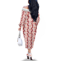 Hawaii Ti Leaf Maile Tuberose Lei Family Matching Off The Shoulder Long Sleeve Dress and Hawaiian Shirt With Hanalei Leaf Red