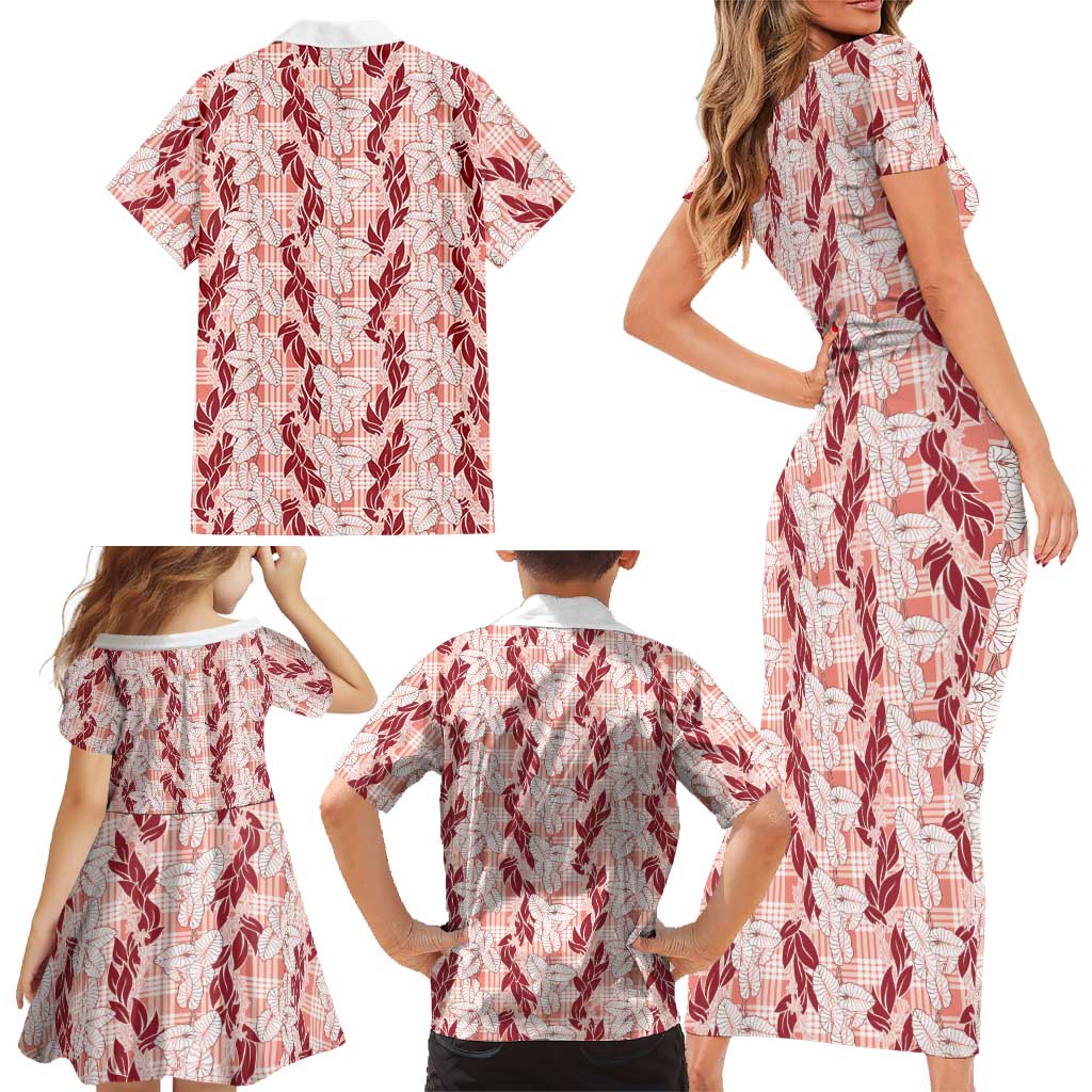 Hawaii Ti Leaf Maile Tuberose Lei Family Matching Short Sleeve Bodycon Dress and Hawaiian Shirt With Hanalei Leaf Red