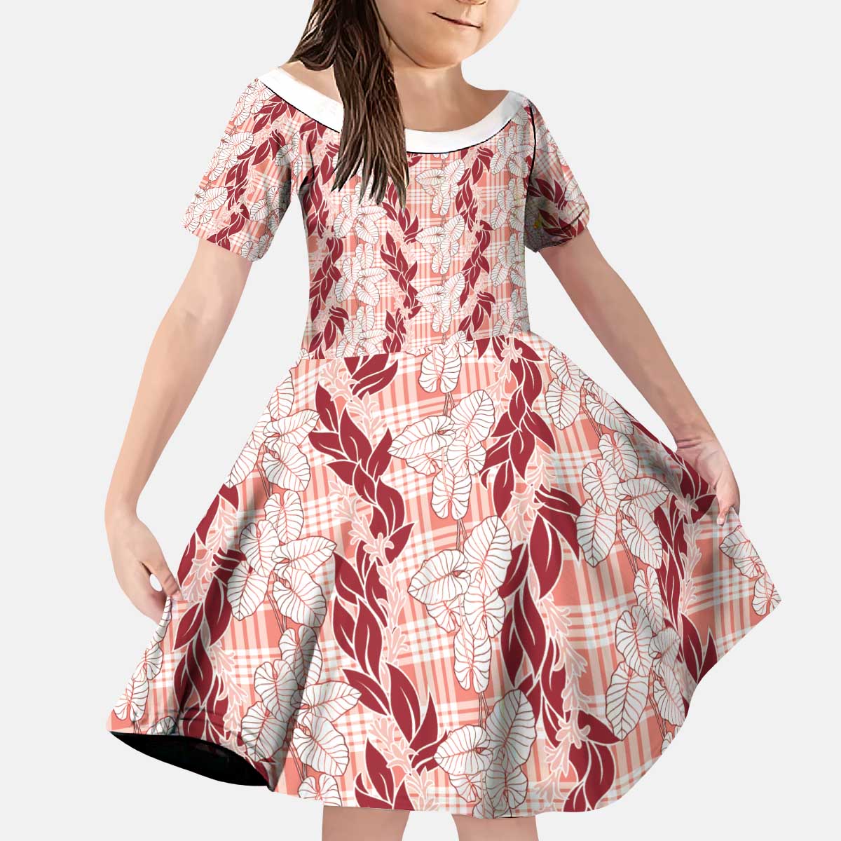 Hawaii Ti Leaf Maile Tuberose Lei Kid Short Sleeve Dress With Hanalei Leaf Red LT05 KID Red - Polynesian Pride