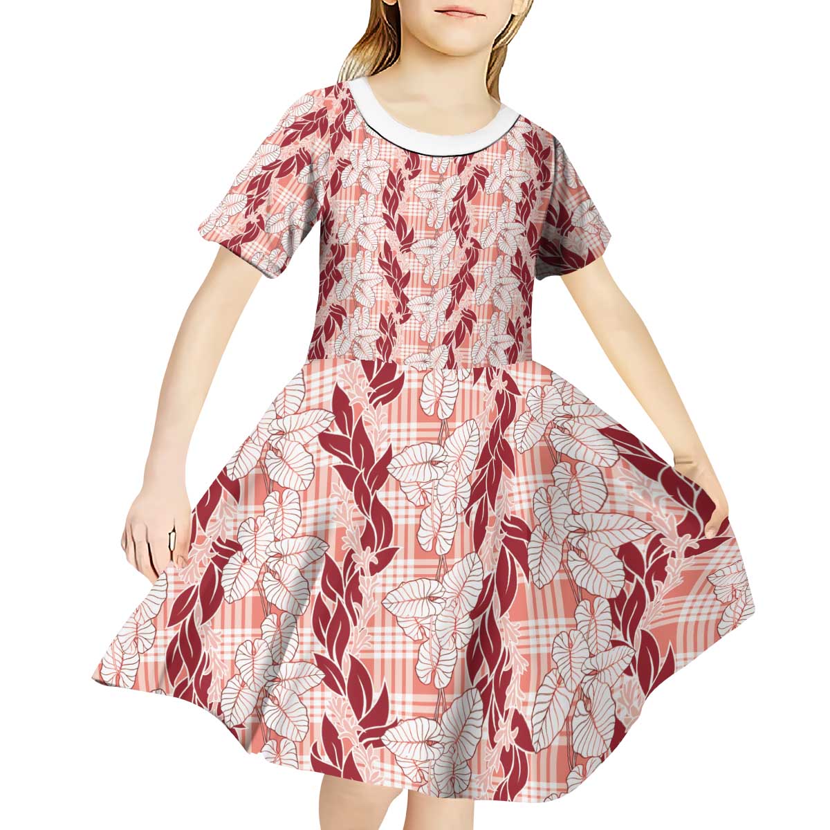 Hawaii Ti Leaf Maile Tuberose Lei Kid Short Sleeve Dress With Hanalei Leaf Red LT05 - Polynesian Pride
