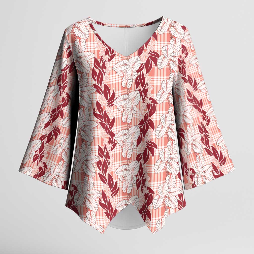 Hawaii Ti Leaf Maile Tuberose Lei Kimono Sleeve Blouse With Hanalei Leaf Red LT05 Female Red - Polynesian Pride