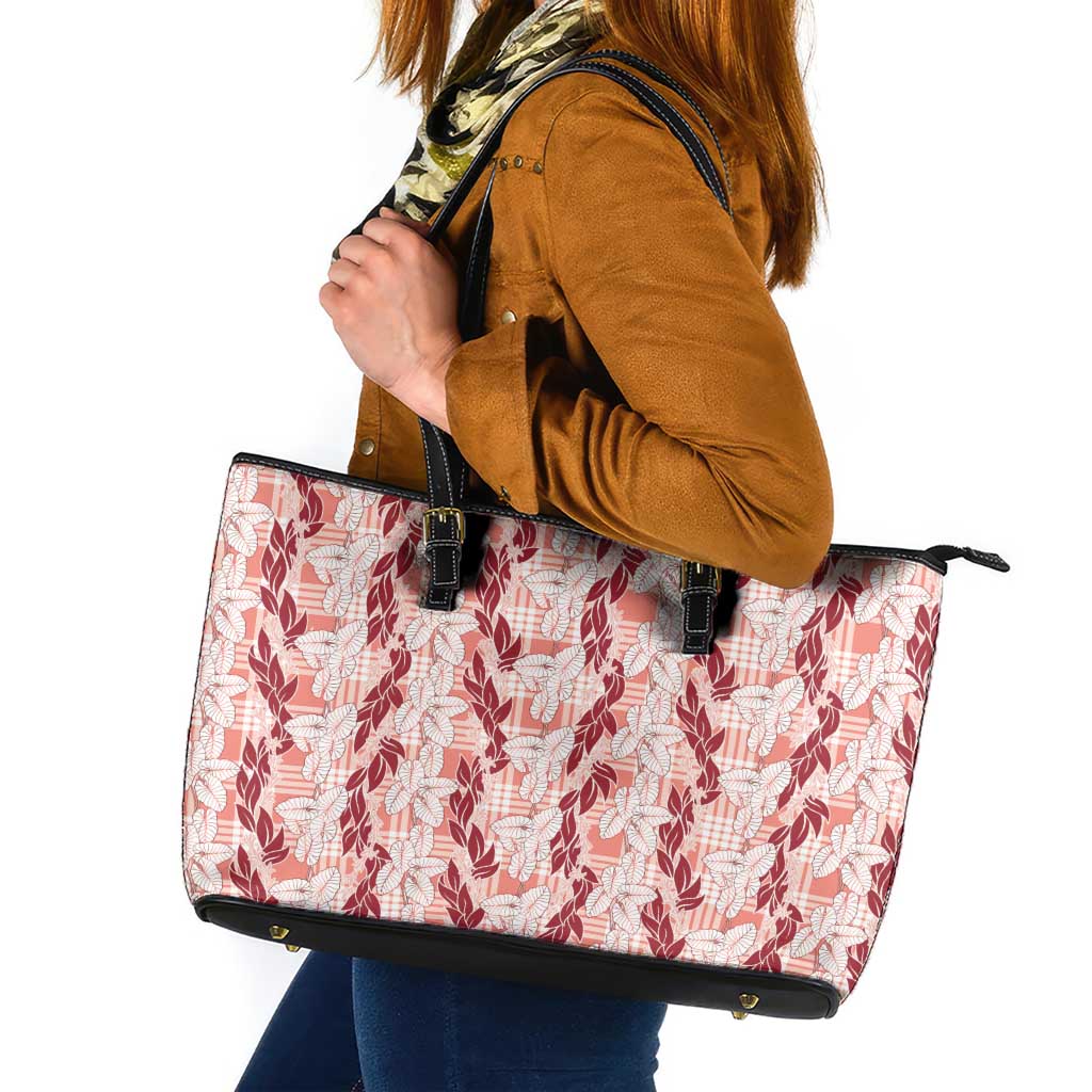 Hawaii Ti Leaf Maile Tuberose Lei Leather Tote Bag With Hanalei Leaf Red LT05 Red - Polynesian Pride