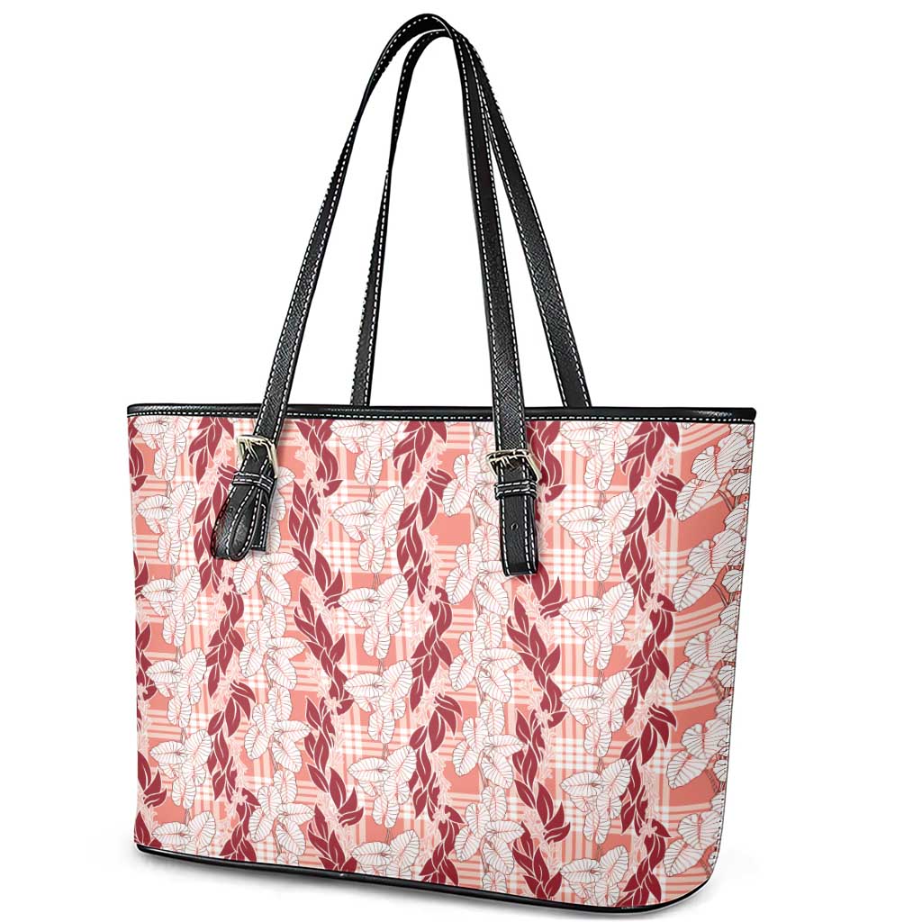 Hawaii Ti Leaf Maile Tuberose Lei Leather Tote Bag With Hanalei Leaf Red LT05 - Polynesian Pride