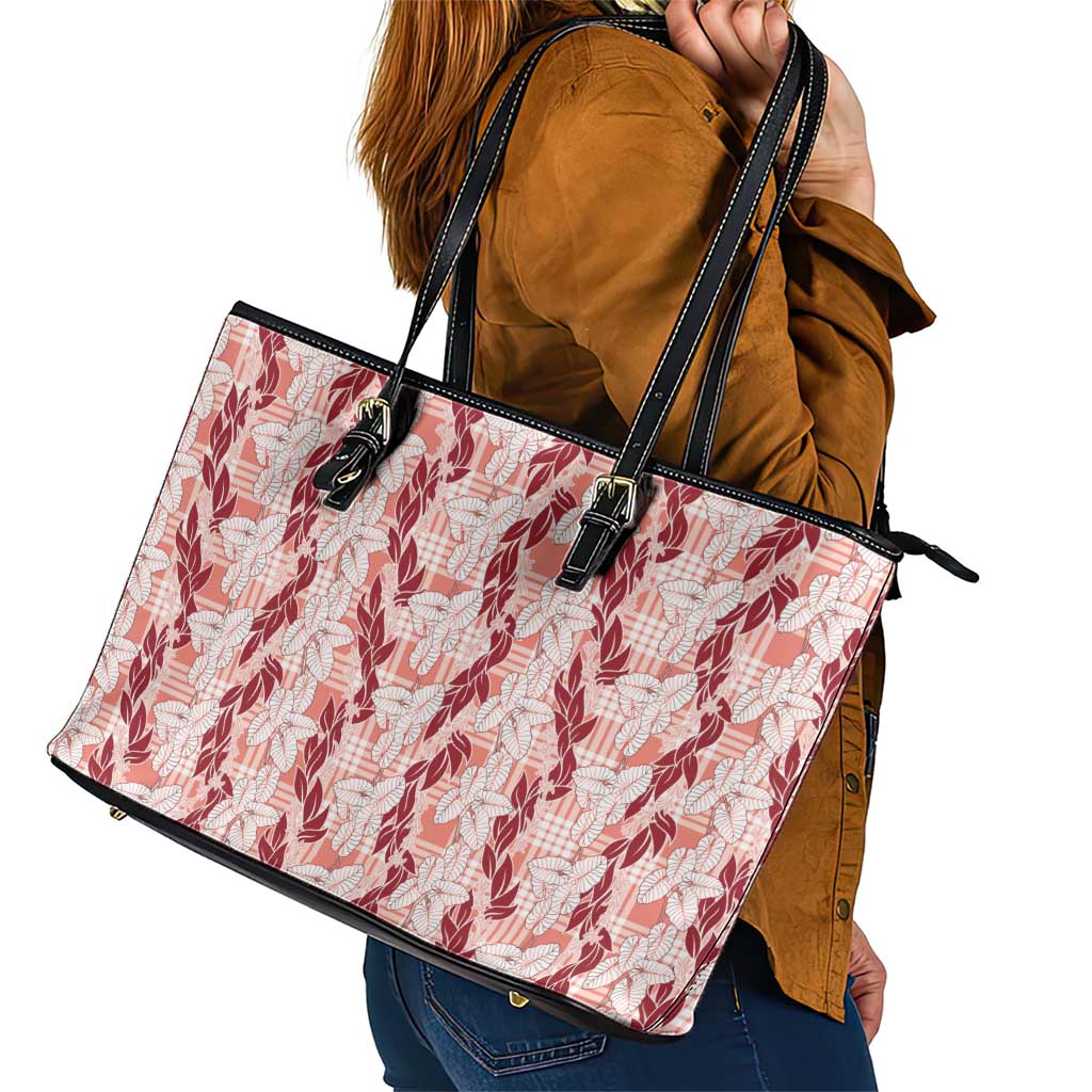 Hawaii Ti Leaf Maile Tuberose Lei Leather Tote Bag With Hanalei Leaf Red LT05 - Polynesian Pride