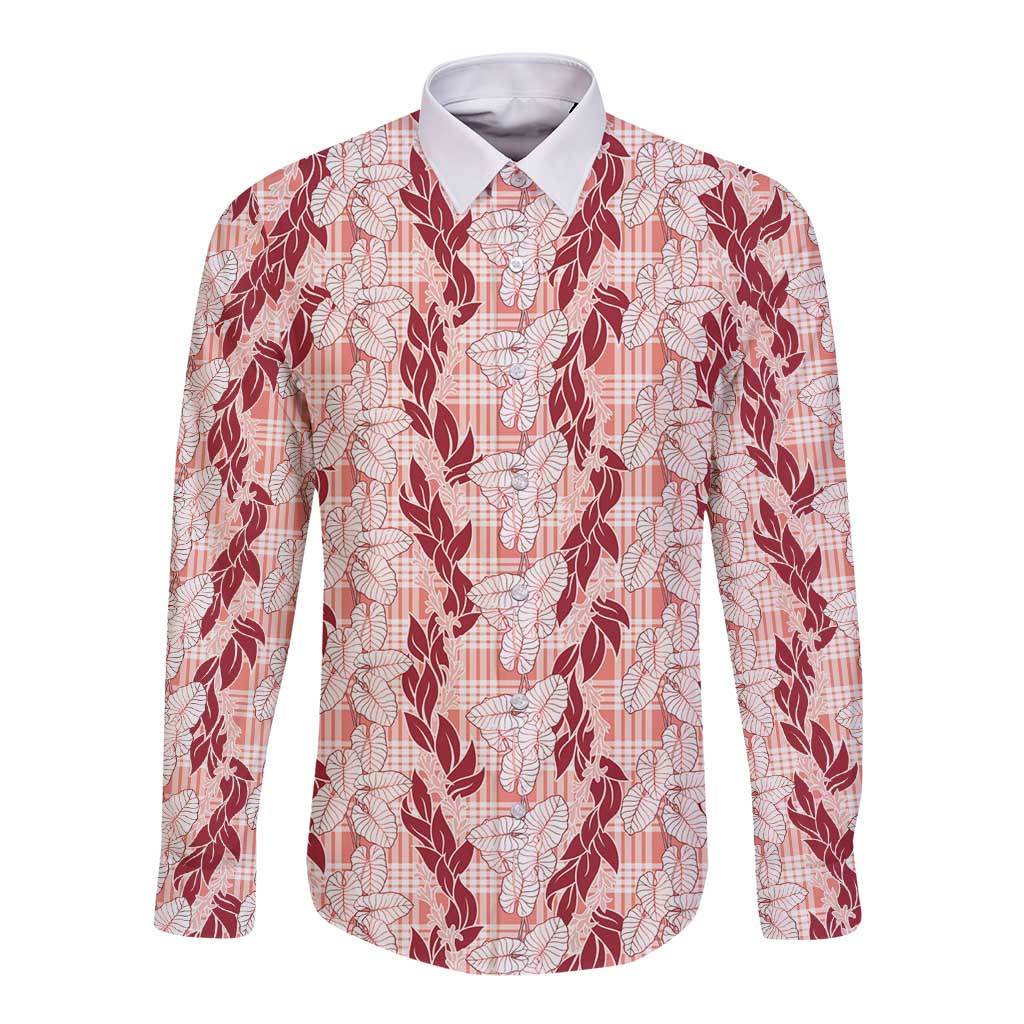 Hawaii Ti Leaf Maile Tuberose Lei Long Sleeve Button Shirt With Hanalei Leaf Red
