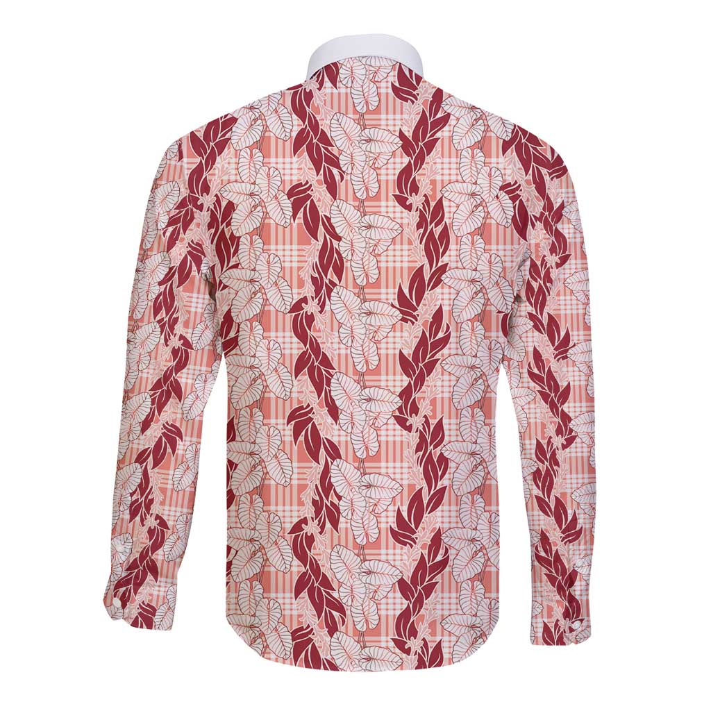 Hawaii Ti Leaf Maile Tuberose Lei Long Sleeve Button Shirt With Hanalei Leaf Red