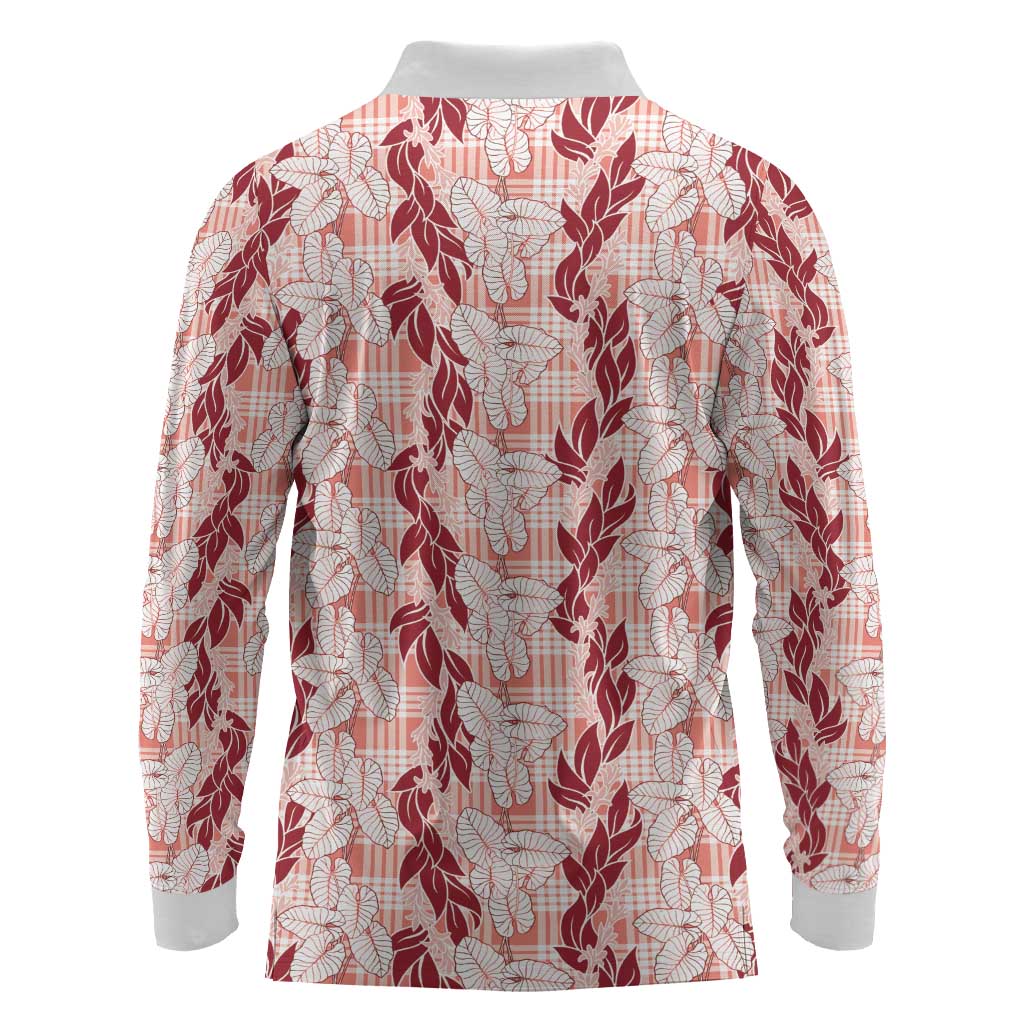 Hawaii Ti Leaf Maile Tuberose Lei Long Sleeve Polo Shirt With Hanalei Leaf Red
