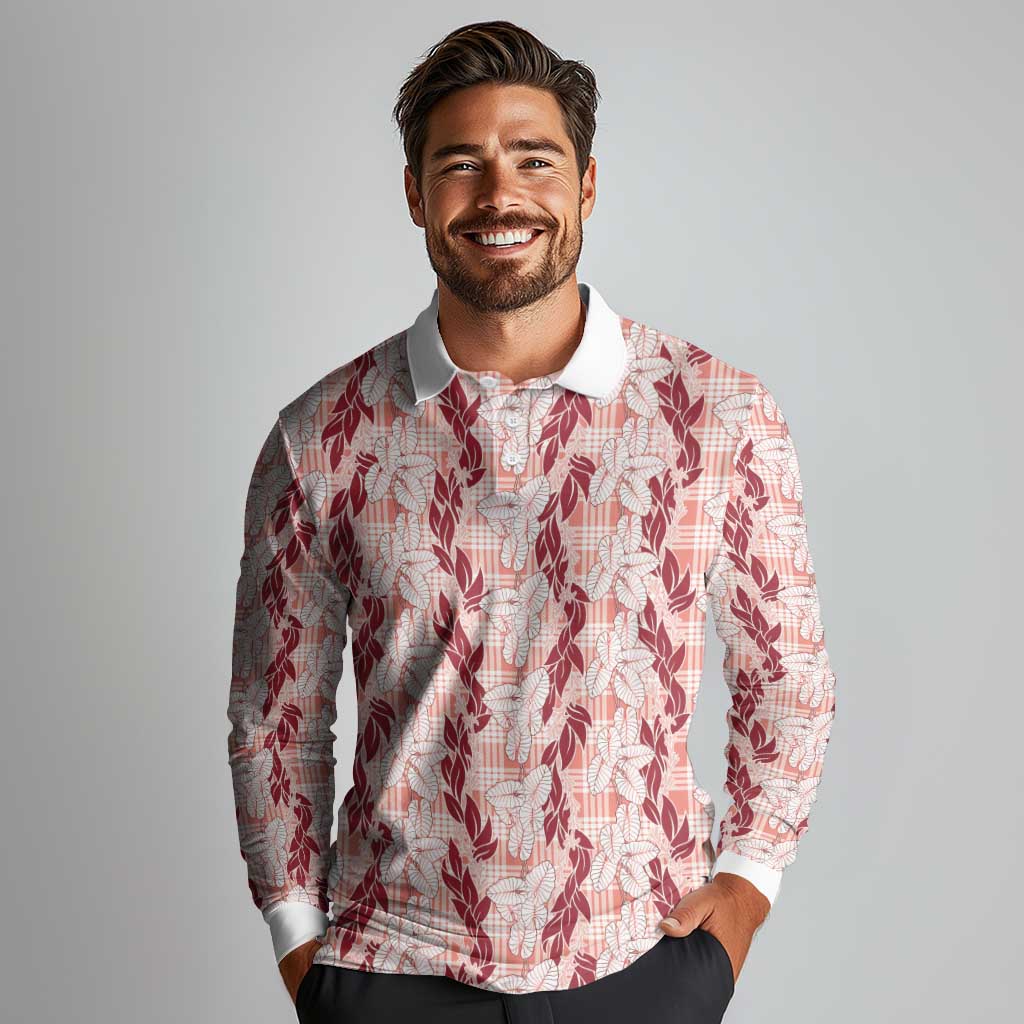 Hawaii Ti Leaf Maile Tuberose Lei Long Sleeve Polo Shirt With Hanalei Leaf Red