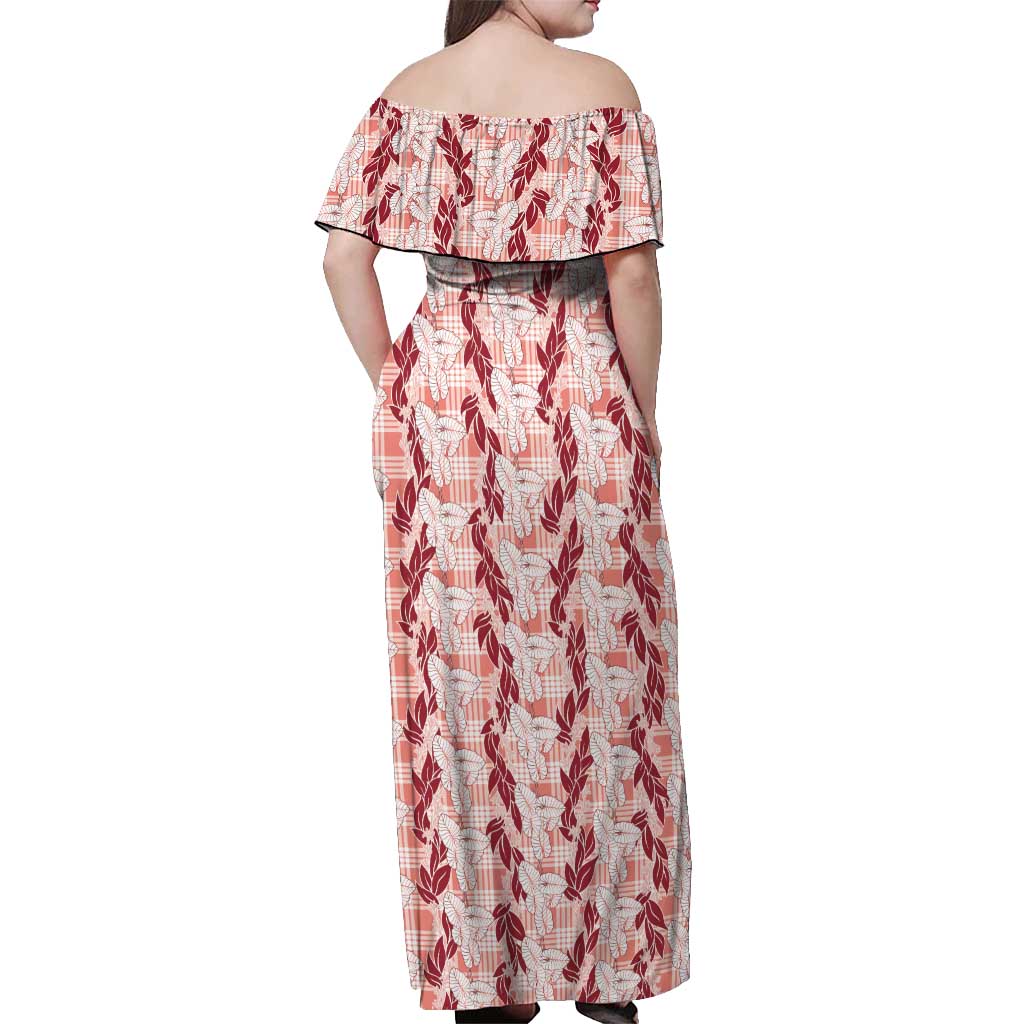 Hawaii Ti Leaf Maile Tuberose Lei Off Shoulder Maxi Dress With Hanalei Leaf Red LT05 - Polynesian Pride