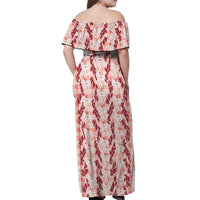 Hawaii Ti Leaf Maile Tuberose Lei Off Shoulder Maxi Dress With Hanalei Leaf Red LT05 - Polynesian Pride