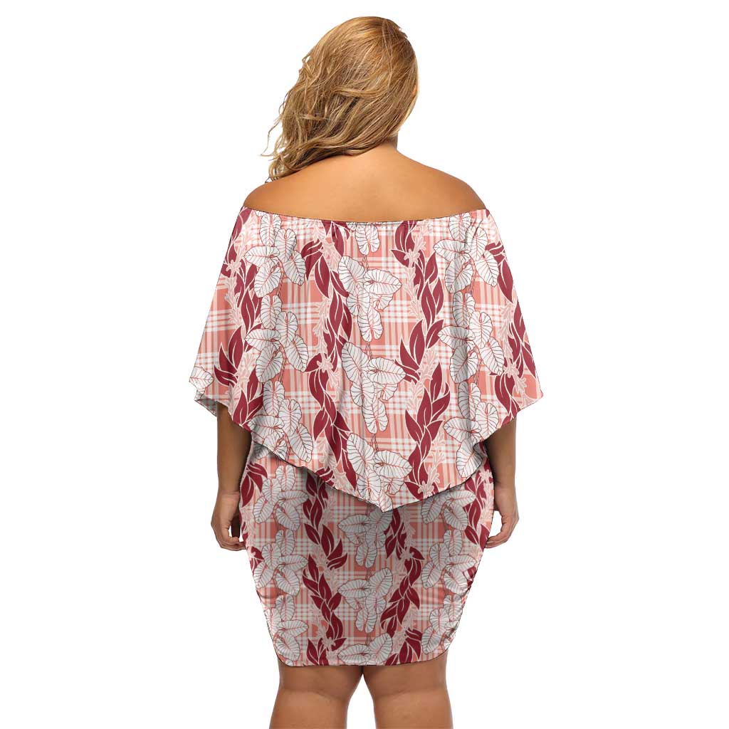 Hawaii Ti Leaf Maile Tuberose Lei Off Shoulder Short Dress With Hanalei Leaf Red LT05 - Polynesian Pride