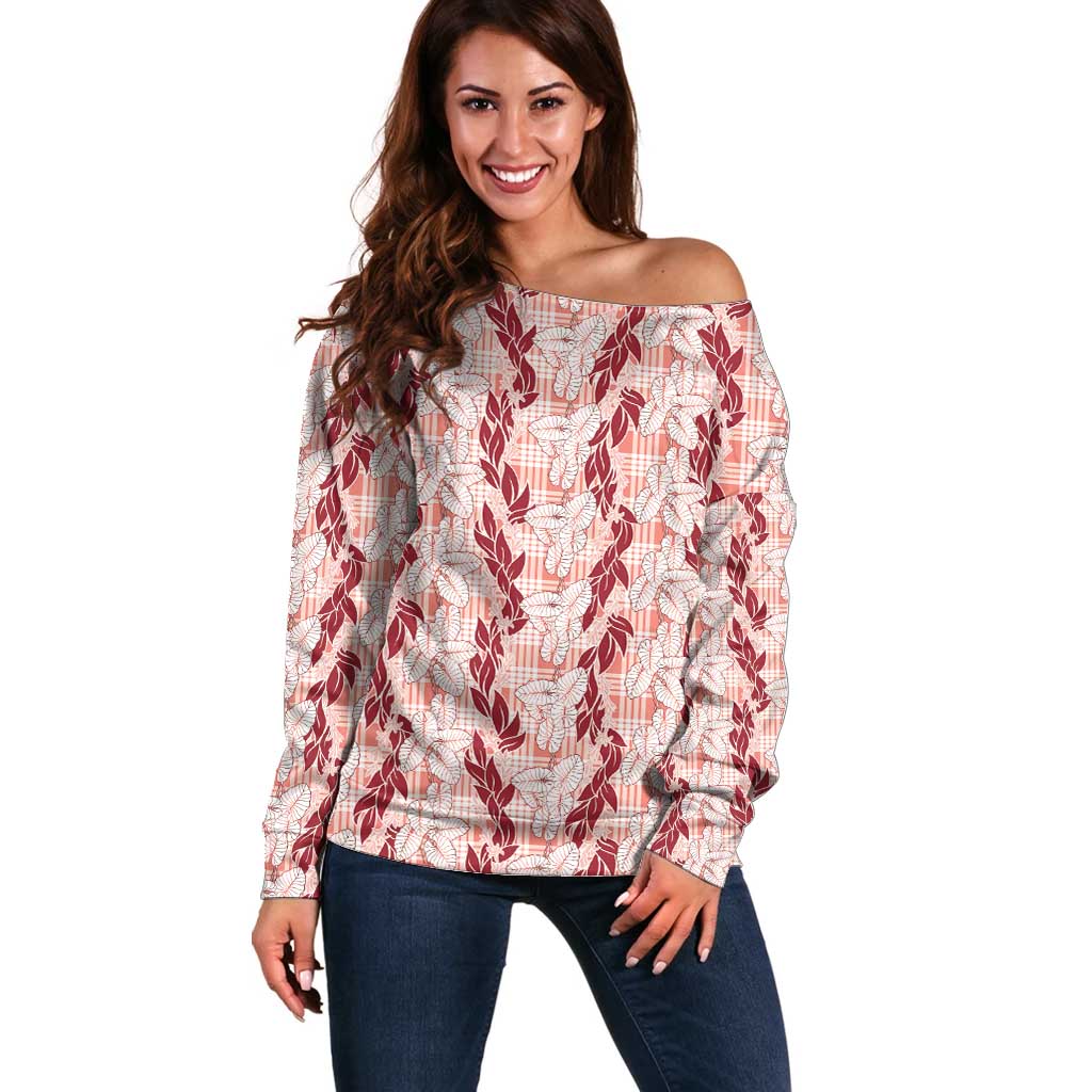 Hawaii Ti Leaf Maile Tuberose Lei Off Shoulder Sweater With Hanalei Leaf Red LT05 Women Red - Polynesian Pride