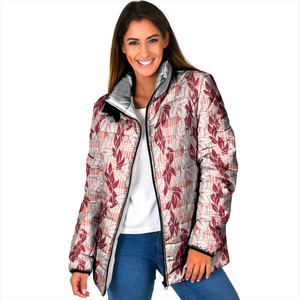 Hawaii Ti Leaf Maile Tuberose Lei Padded Jacket With Hanalei Leaf Red LT05 Women Red - Polynesian Pride