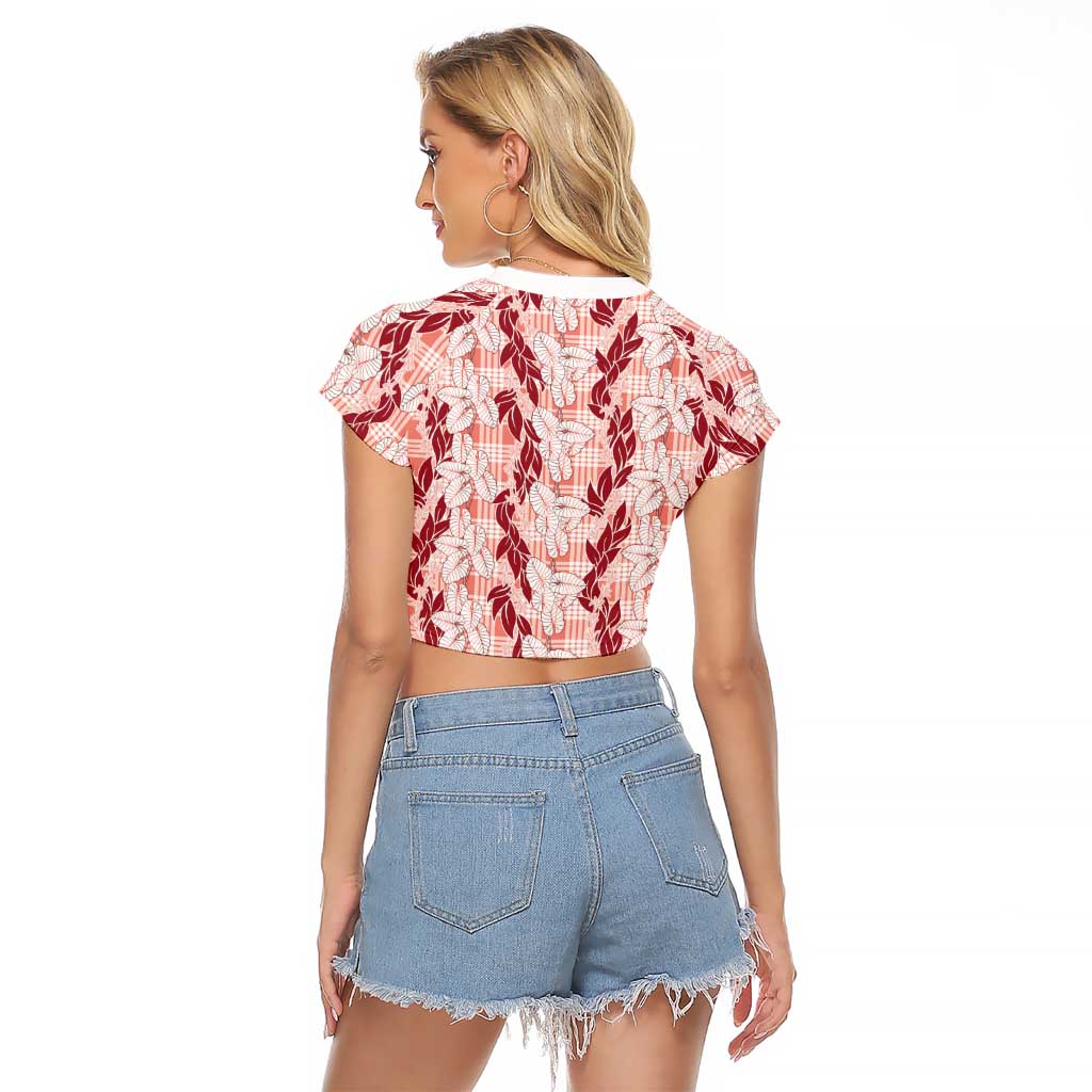 Hawaii Ti Leaf Maile Tuberose Lei Raglan Cropped T Shirt With Hanalei Leaf Red LT05 - Polynesian Pride