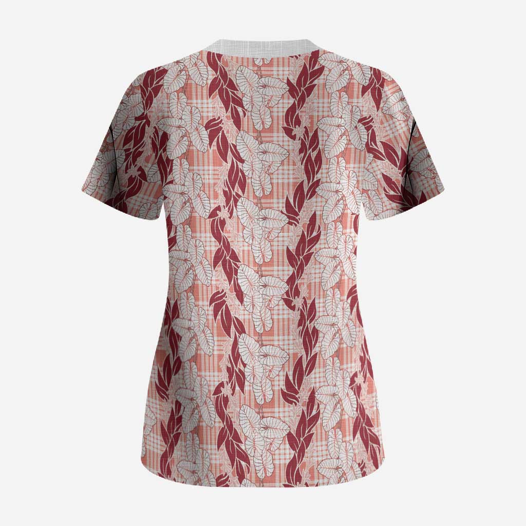 Hawaii Ti Leaf Maile Tuberose Lei Scrub Top With Hanalei Leaf Red LT05 - Polynesian Pride