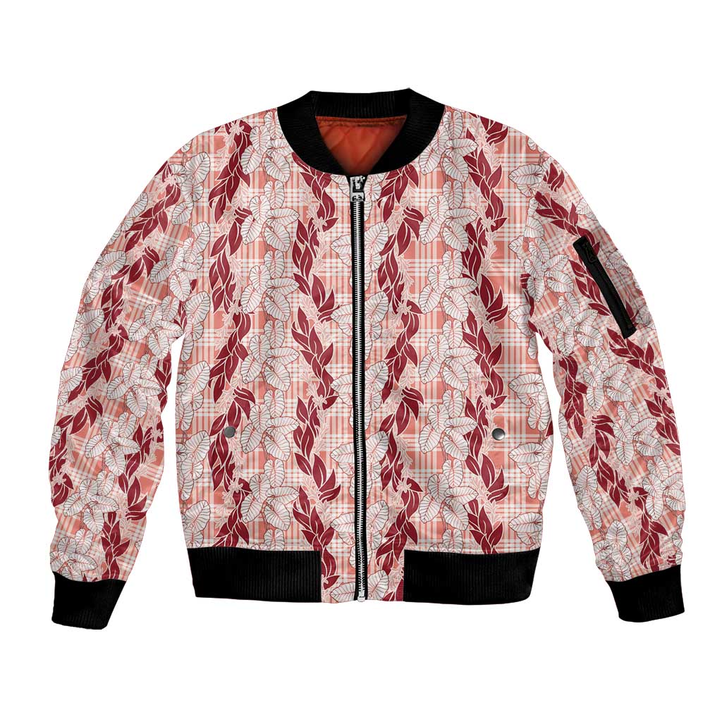 Hawaii Ti Leaf Maile Tuberose Lei Sleeve Zip Bomber Jacket With Hanalei Leaf Red LT05 Unisex Red - Polynesian Pride