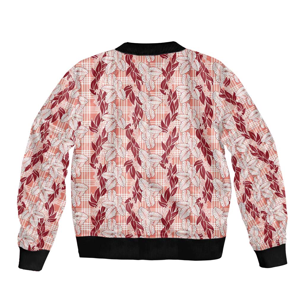 Hawaii Ti Leaf Maile Tuberose Lei Sleeve Zip Bomber Jacket With Hanalei Leaf Red LT05 - Polynesian Pride