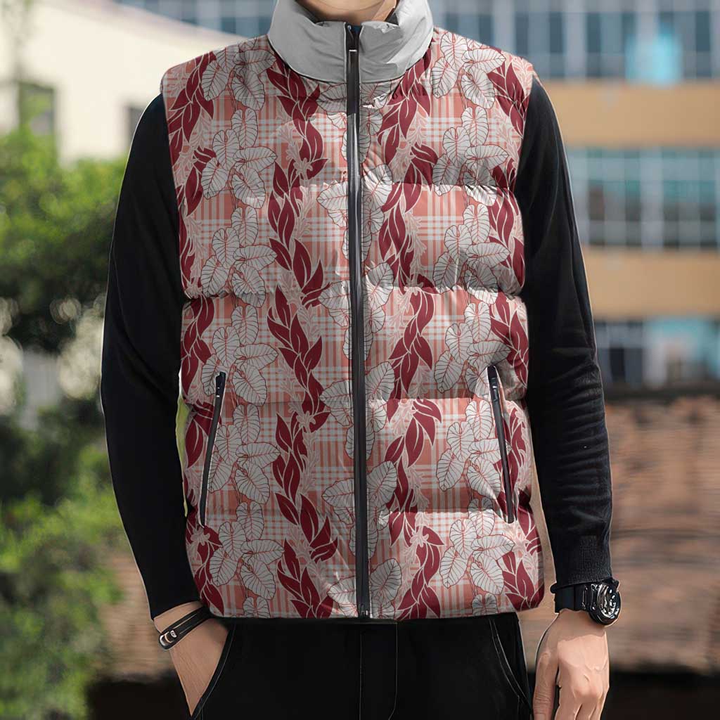 Hawaii Ti Leaf Maile Tuberose Lei Sleeveless Puffer Jacket With Hanalei Leaf Red LT05 - Polynesian Pride