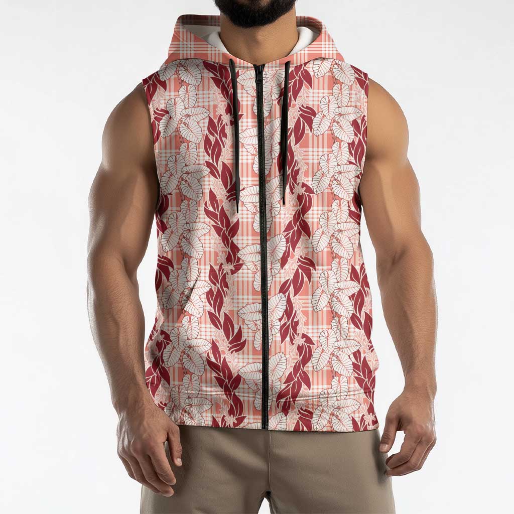 Hawaii Ti Leaf Maile Tuberose Lei Sleeveless Zip Hoodie With Hanalei Leaf Red LT05 - Polynesian Pride
