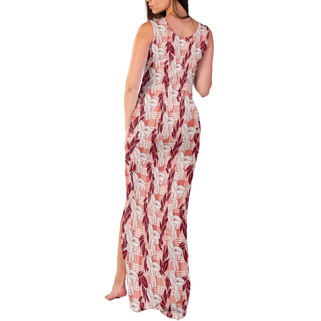 Hawaii Ti Leaf Maile Tuberose Lei Tank Maxi Dress With Hanalei Leaf Red LT05 - Polynesian Pride
