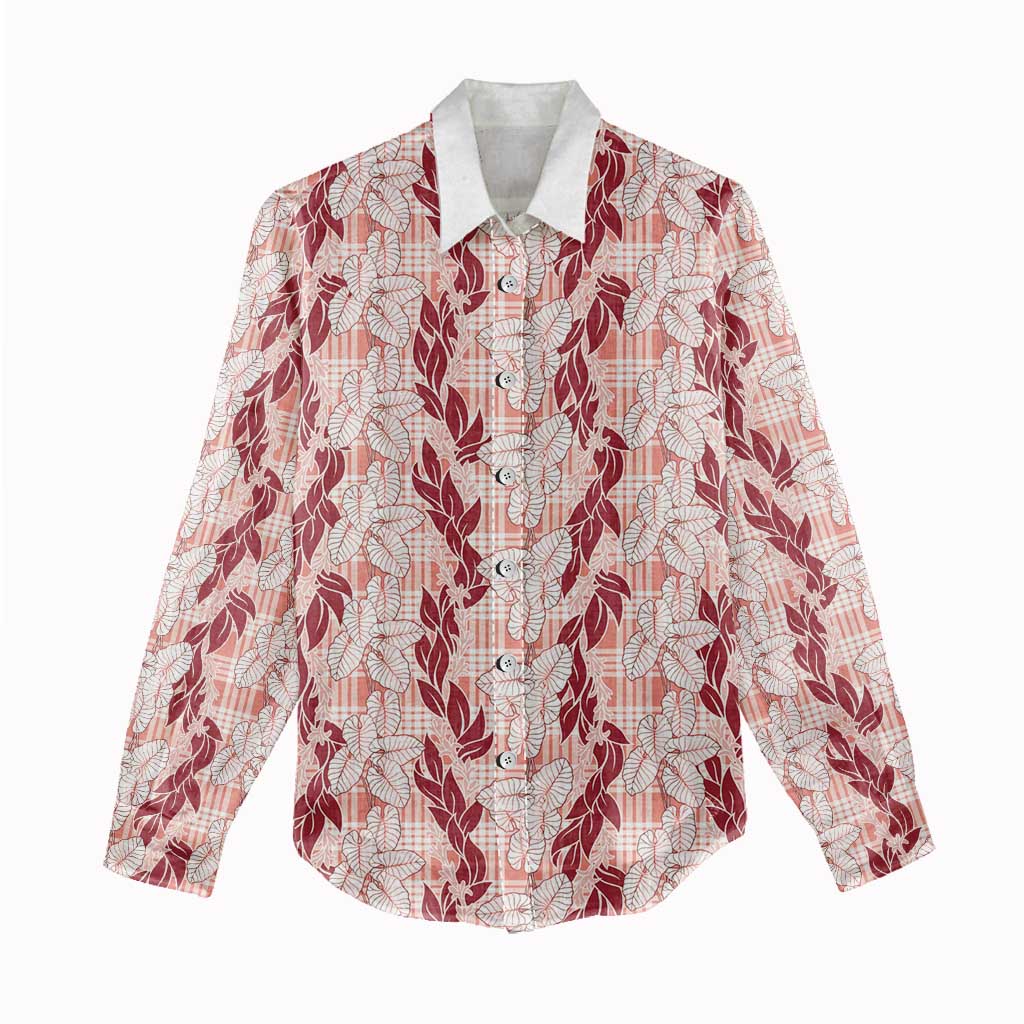 Hawaii Ti Leaf Maile Tuberose Lei Women Casual Shirt With Hanalei Leaf Red LT05 - Polynesian Pride