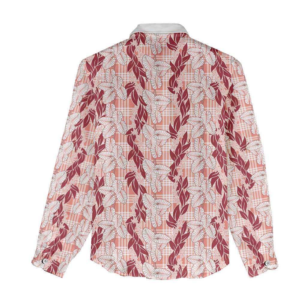 Hawaii Ti Leaf Maile Tuberose Lei Women Casual Shirt With Hanalei Leaf Red LT05 - Polynesian Pride