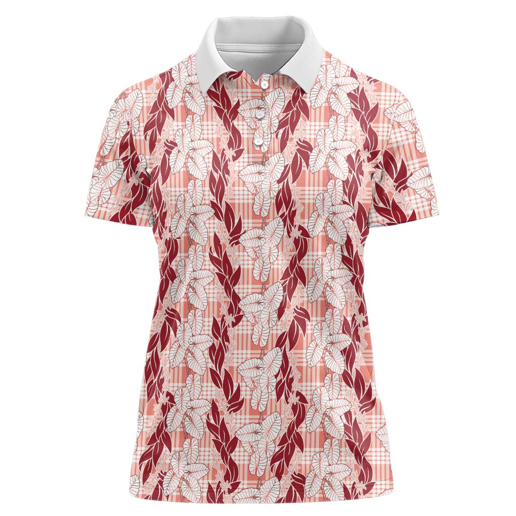 Hawaii Ti Leaf Maile Tuberose Lei Women Polo Shirt With Hanalei Leaf Red LT05 Female Red - Polynesian Pride