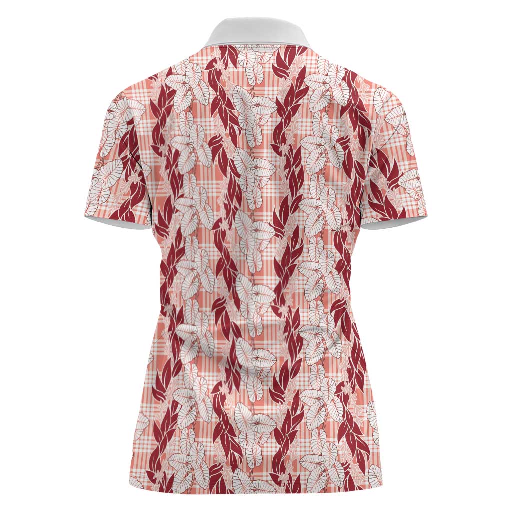 Hawaii Ti Leaf Maile Tuberose Lei Women Polo Shirt With Hanalei Leaf Red LT05 - Polynesian Pride